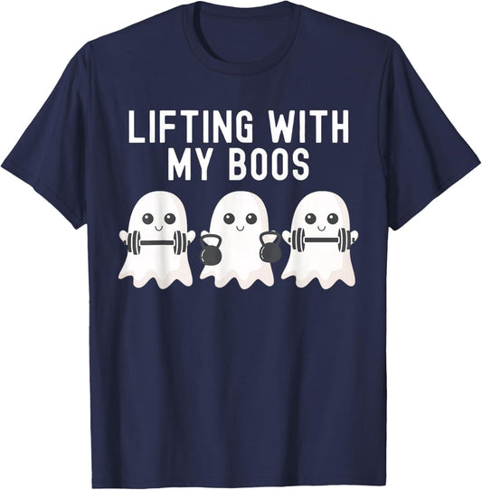 Lifting With My Boos Ghost Halloween Gym Workout Fitness T-Shirt - T-Shirt | Navy