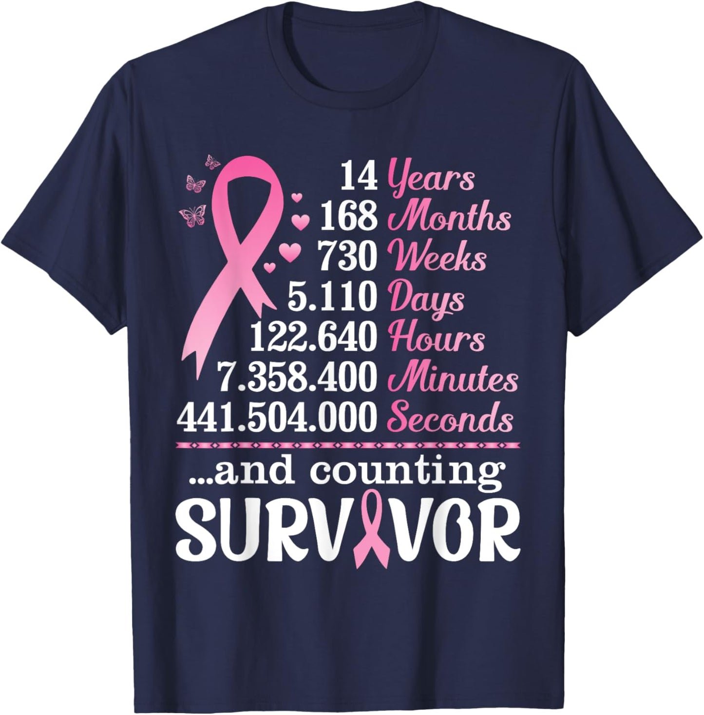 14 Years 168 Months Fighting Breast Cancer Counting Survivor T-Shirt - T-Shirt | Navy