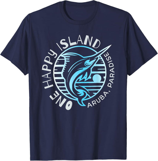 One Happy Island Aruba Shirt Sail Fish Fishing Typography T-Shirt - T-Shirt | Navy