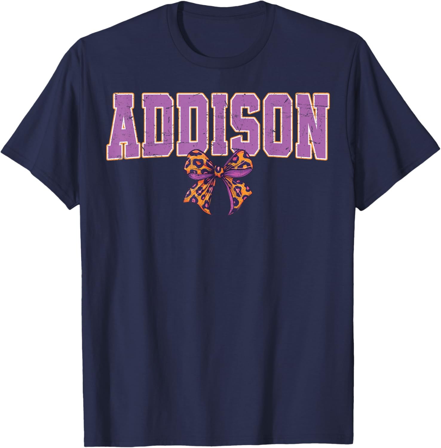 Addison Leopard Bow Trendy Name Design and Girls T-Shirt - T-Shirt | Navy