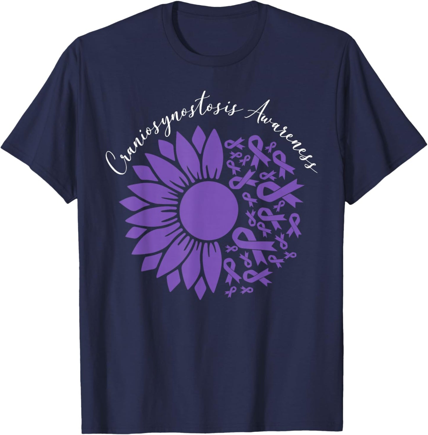 Craniosynostosis Awareness Sunflower Purple Ribbon Support T-Shirt - T-Shirt | Navy