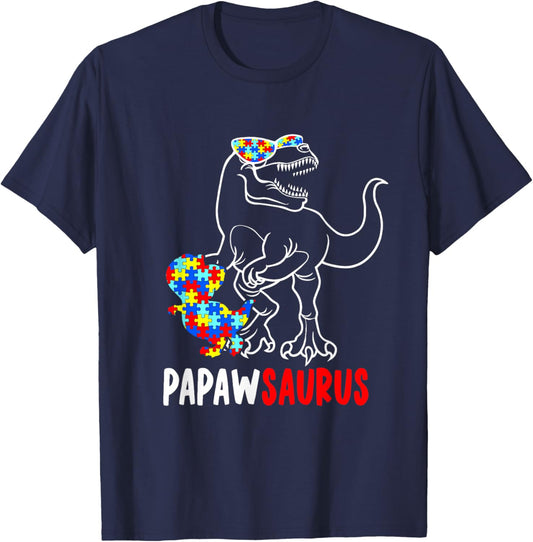 Papawsaurus T Rex Dinosaur Autism Awareness Papaw Saurus T-Shirt - T-Shirt | Navy