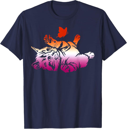 Lesbian Playful Cat Butterfly Cute Pride Love T-Shirt - T-Shirt | Navy