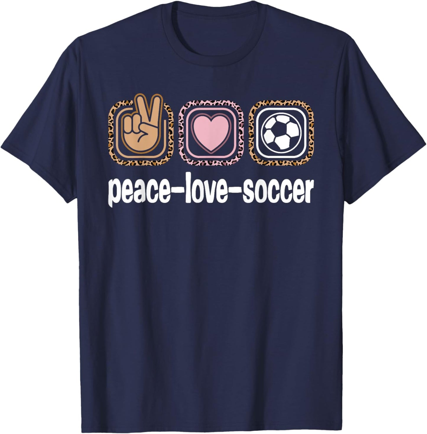 Soccer Lover Leopard Print Women Girls Kid Peace Love Soccer T-Shirt - T-Shirt | Navy