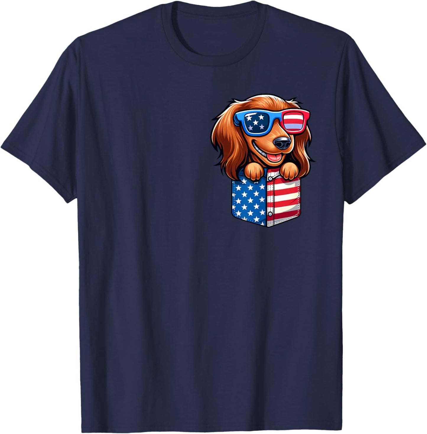 Long Hair Dachshund 4th July USA Flag In Pocket America T-Shirt - T-Shirt | Navy