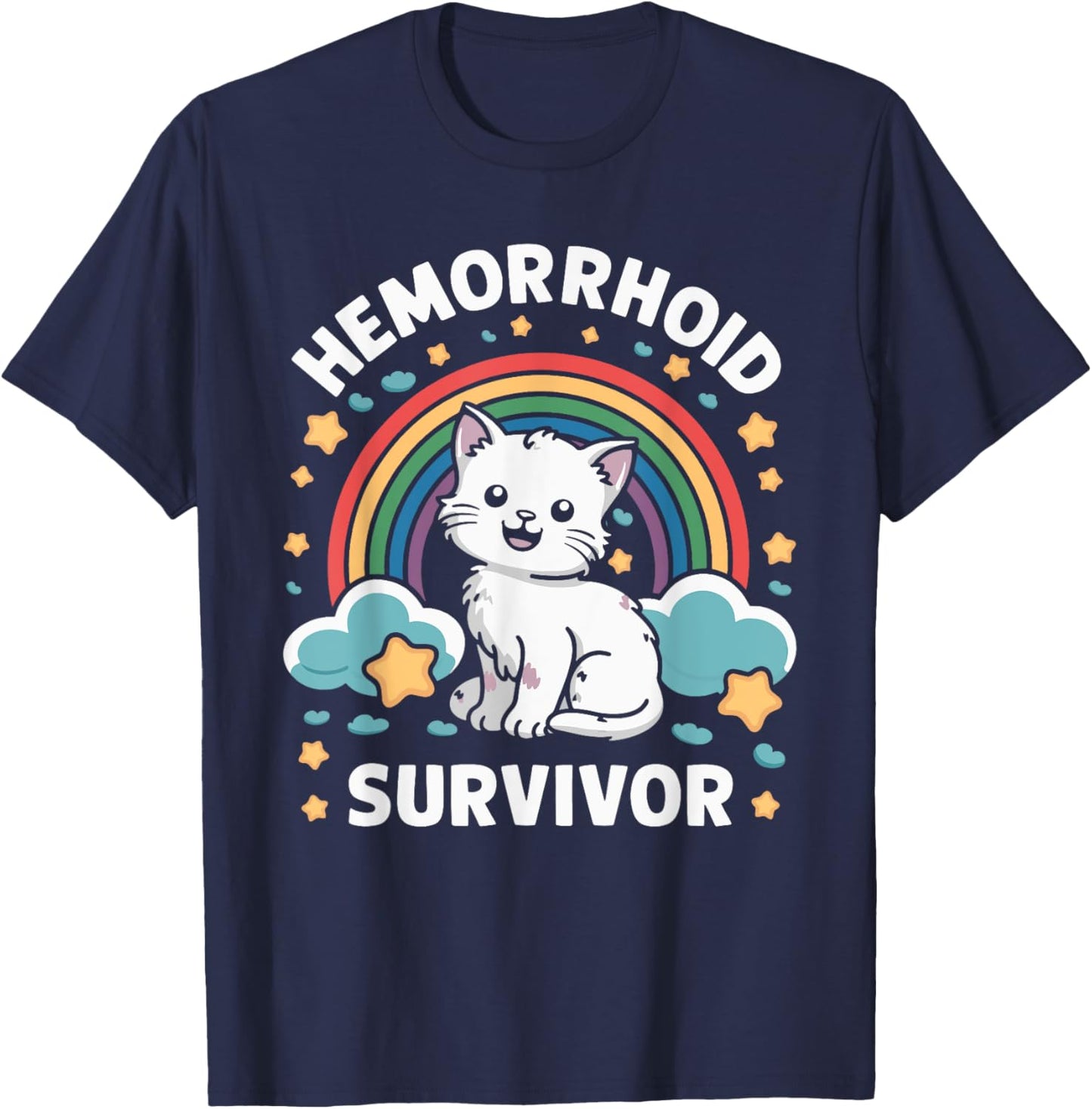 Oddly Specific Meme Embarrassing Adult Humor Hemorrhoid Survivor Cat , Small, Black T-Shirt - T-Shirt | Navy