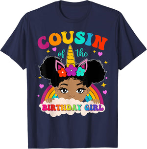 Cousin of The Birthday Girl Rainbow Afro Melanin Unicorn T-Shirt - T-Shirt | Navy