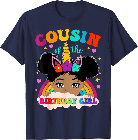Cousin of The Birthday Girl Rainbow Afro Melanin Unicorn T-Shirt - T-Shirt | Navy