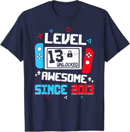 Level 13 Unlocked Awesome Since 2013 13th Birthday T-Shirt - T-Shirt | Navy
