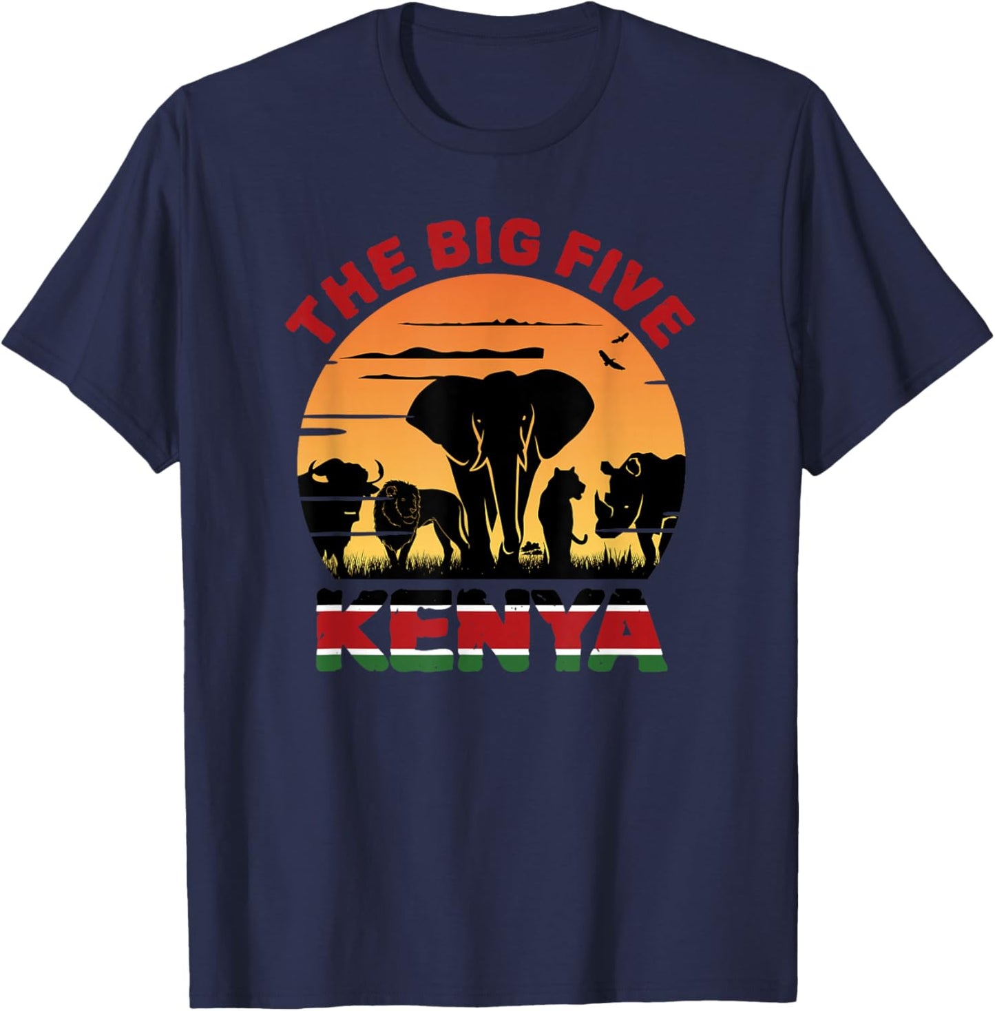 Kenyan Flag, Big Five Kenya Pride Wildlife Safari T-Shirt - T-Shirt | Navy