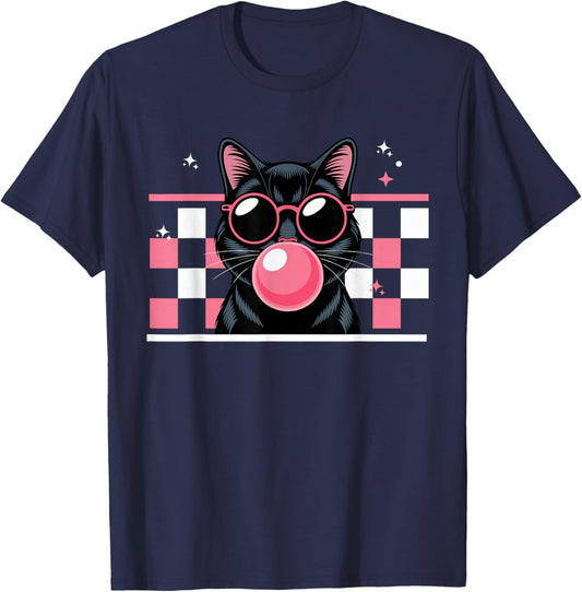 Cool Cat Blowing Pink Bubble Gum with Sunglasses T-Shirt - T-Shirt | Navy