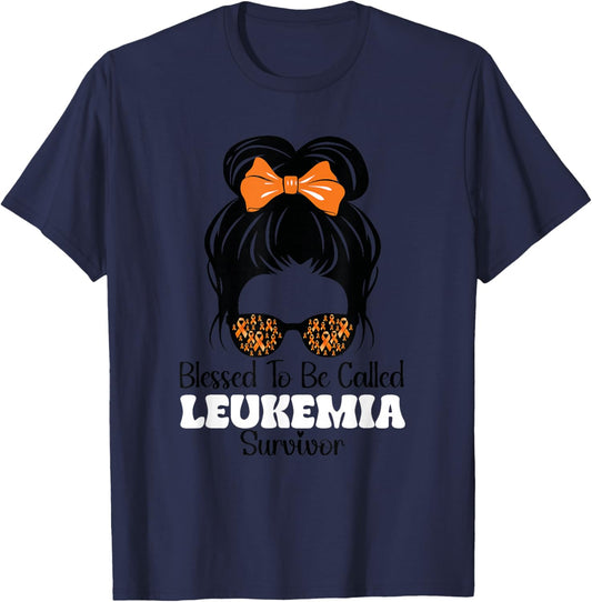 Blessed to Be Called Leukemia Survivor Orange Ribbon Bow T-Shirt - T-Shirt | Navy