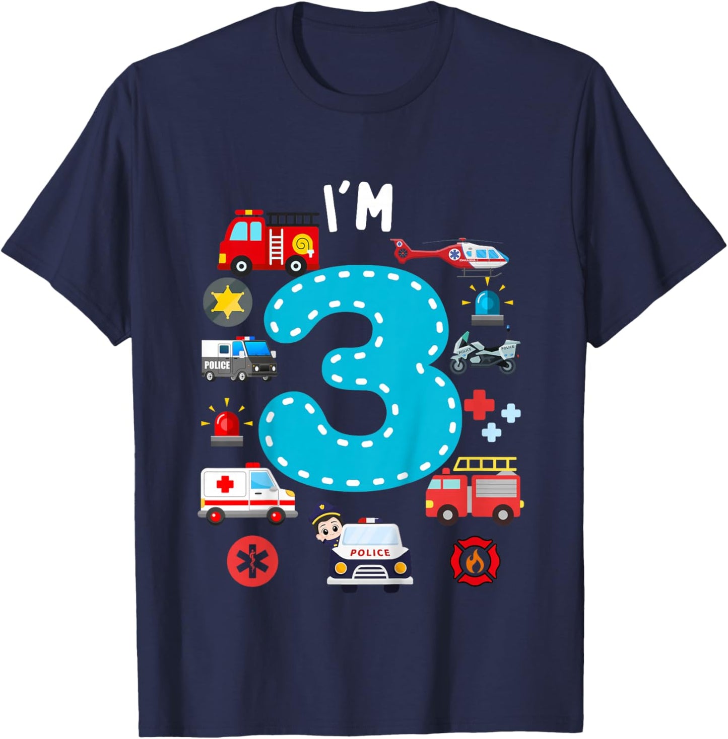 Kids 3rd Birthday Emergency Vehicles Boys 3Years Old Toddler Kids T-Shirt - T-Shirt | Navy