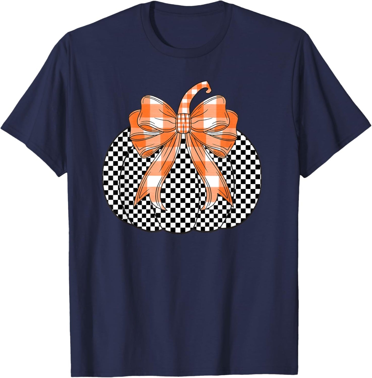 Checkered Flag Pumpkin Bow black & White For Halloween T-Shirt - T-Shirt | Navy
