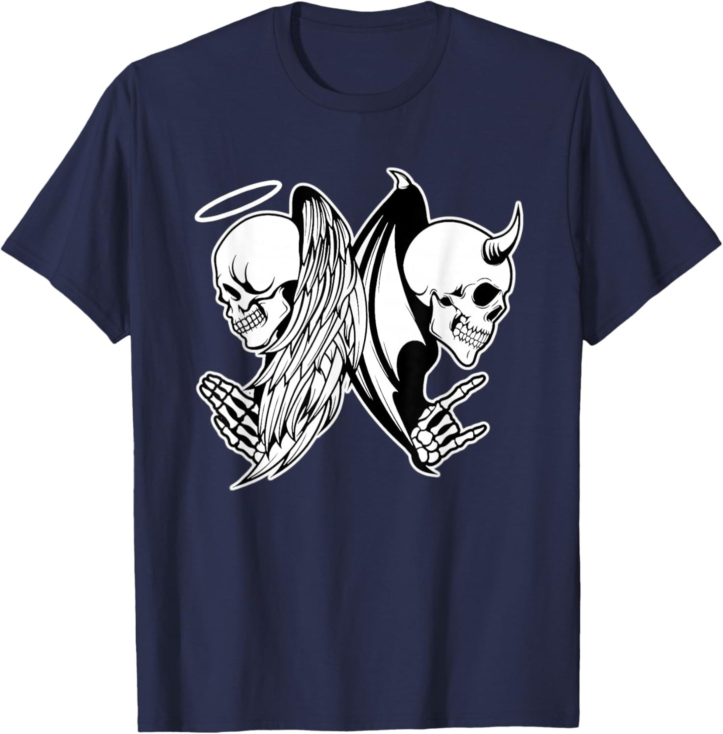 Angel x Skull x Devil Demon Blackwork T-Shirt - T-Shirt | Navy