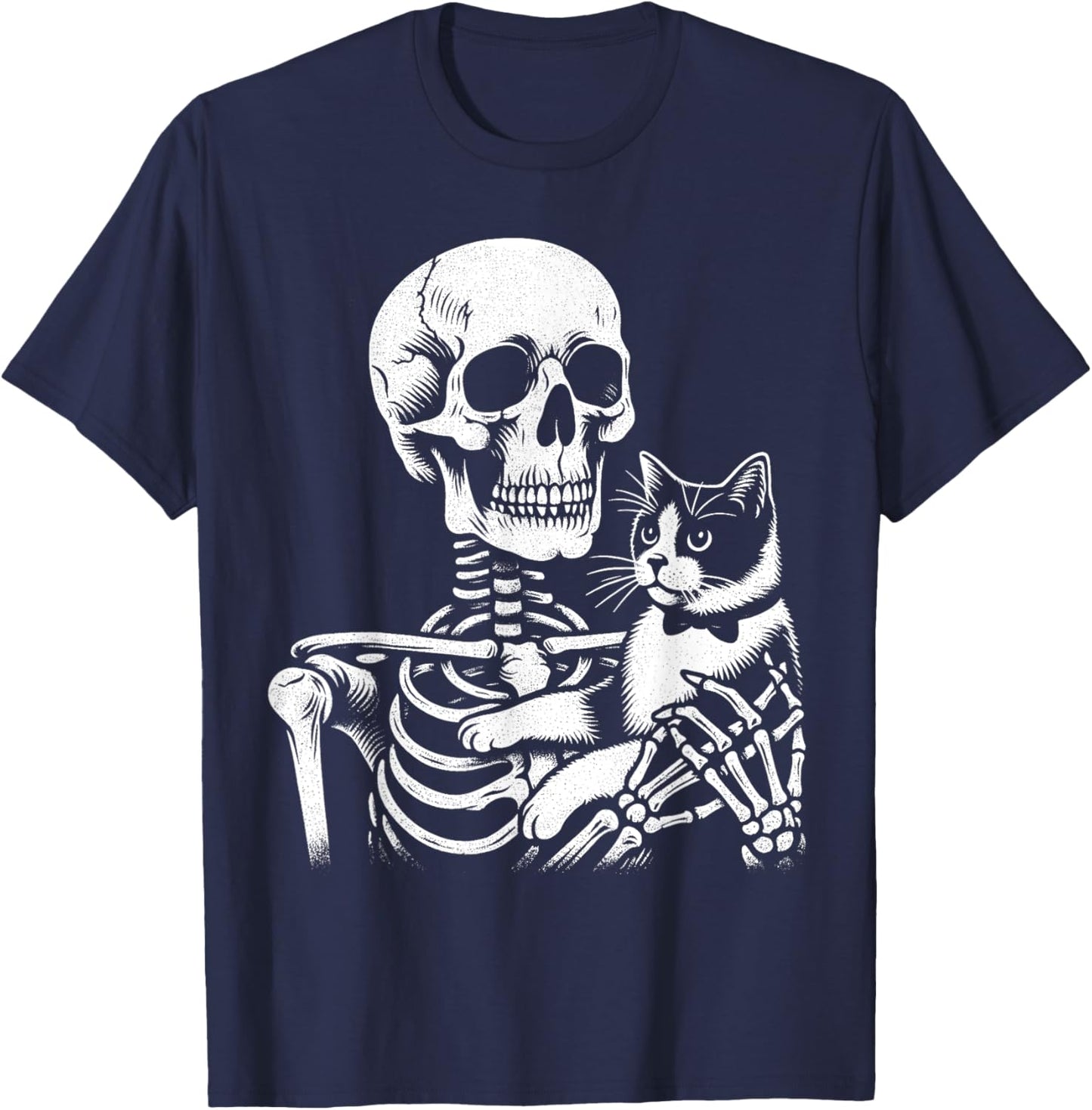 Skeleton Holding A Tuxedo Cat Lazy Halloween Costume Skull Women Kids T-Shirt - T-Shirt | Navy