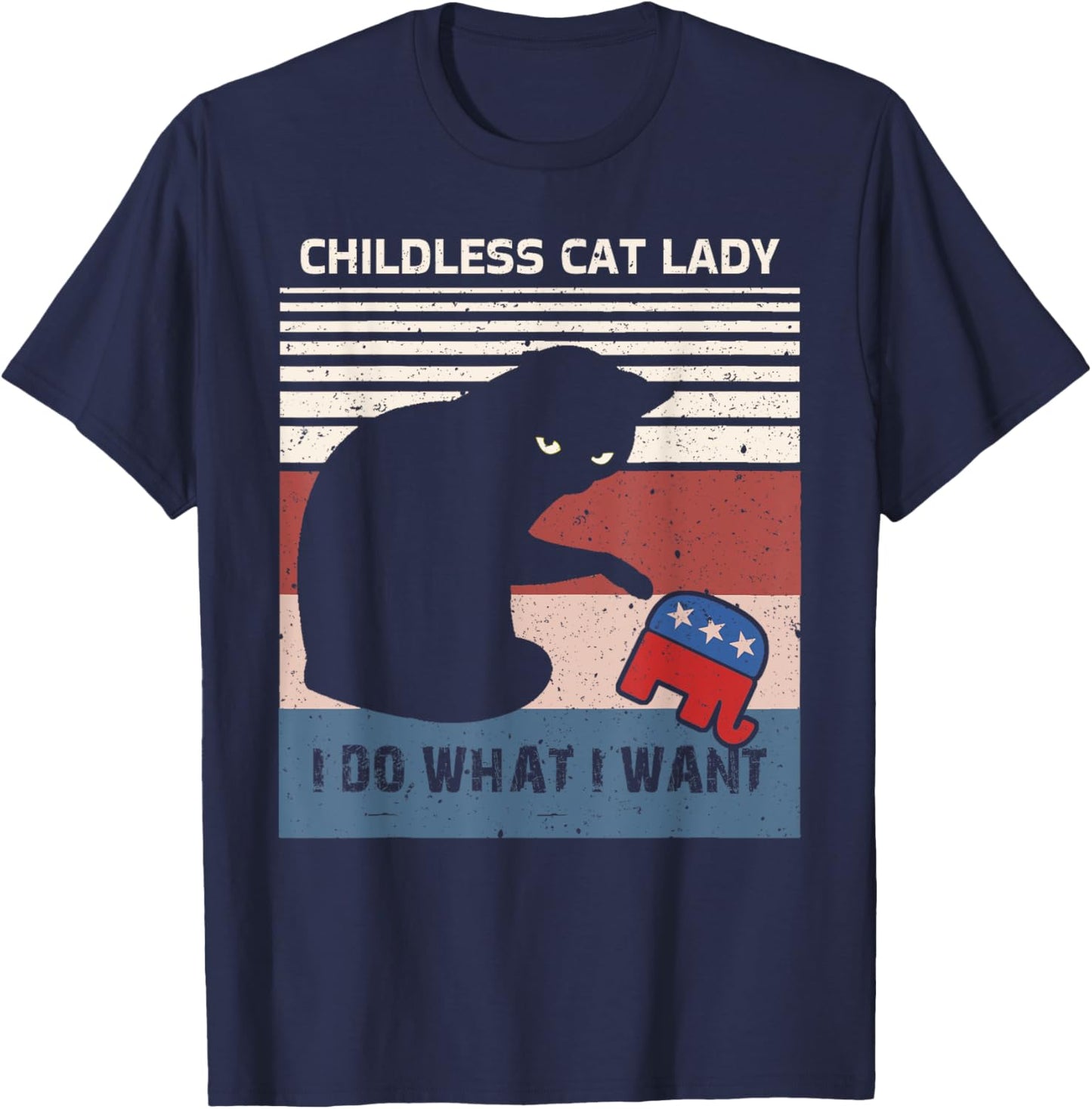 Childless Cat Lady For Kamala Harris Funny Cat ladies Retro T-Shirt - T-Shirt | Navy