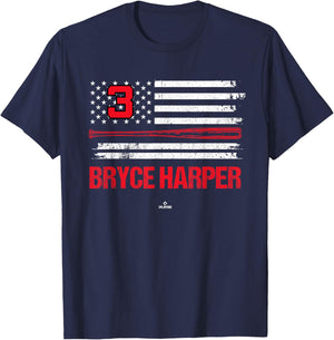 USA Flag Bat Bryce Harper Philadelphia Baseball MLBPA T-Shirt - T-Shirt | Navy
