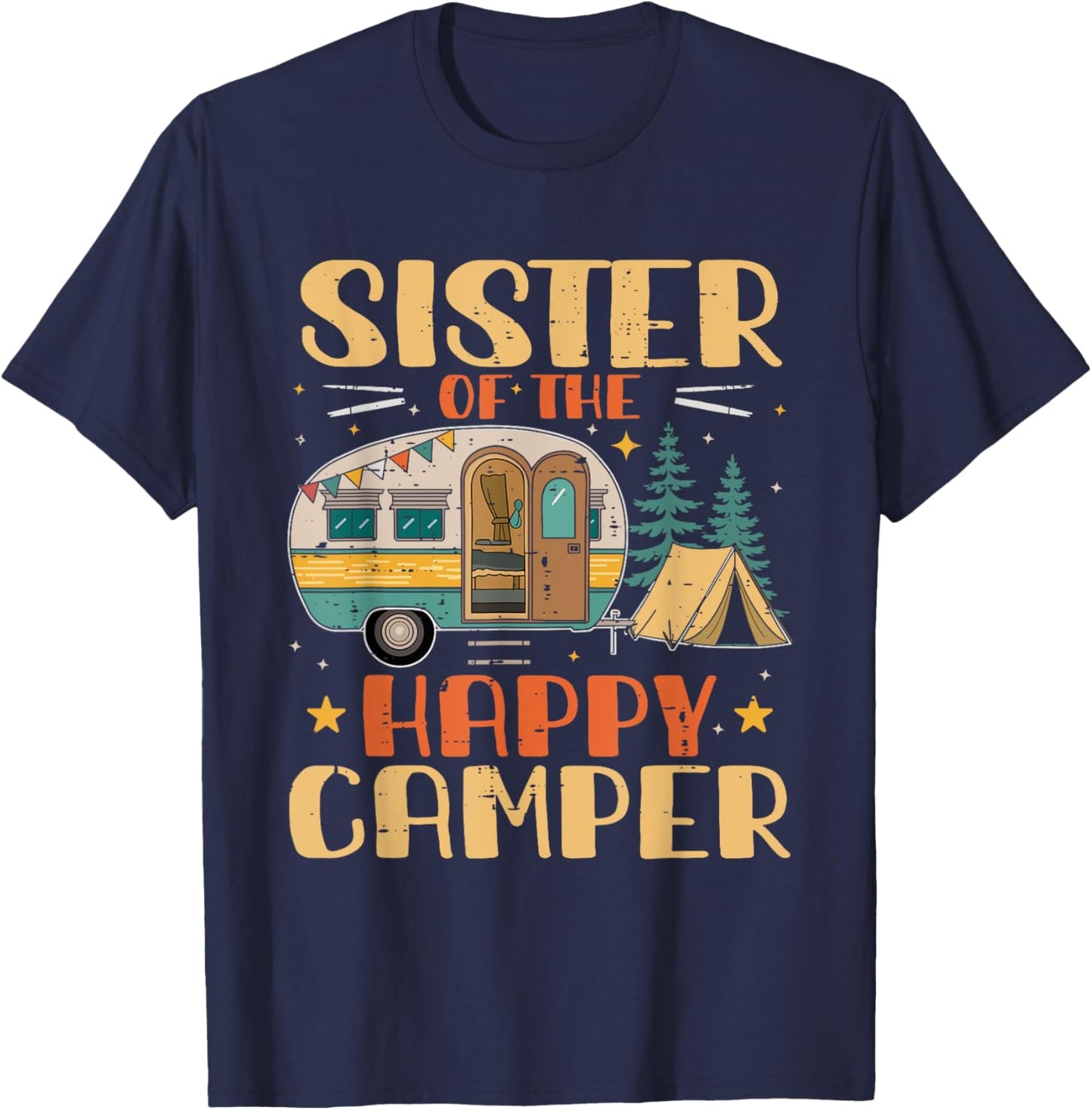 Sister of Happy Camper 1st Birthday Party Retro Sister T-Shirt - T-Shirt | Navy
