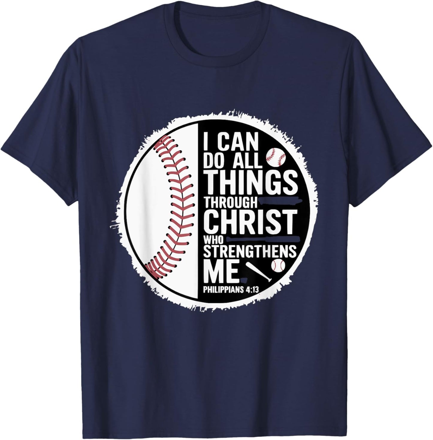 Baseball Player Sports with Christian Bible Verse Theme T-Shirt - T-Shirt | Navy