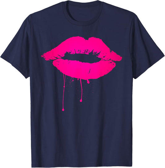 Touchlines Sexy Neon Lips 80s , Black, S T-Shirt - T-Shirt | Navy