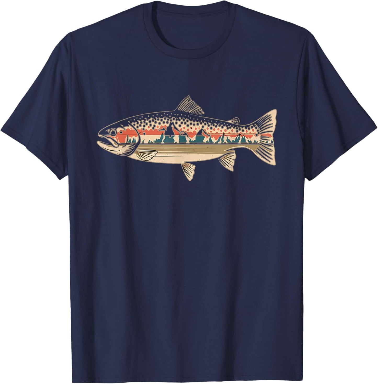 Retro Fish Trout Peach Nature , Black, S T-Shirt - T-Shirt | Navy