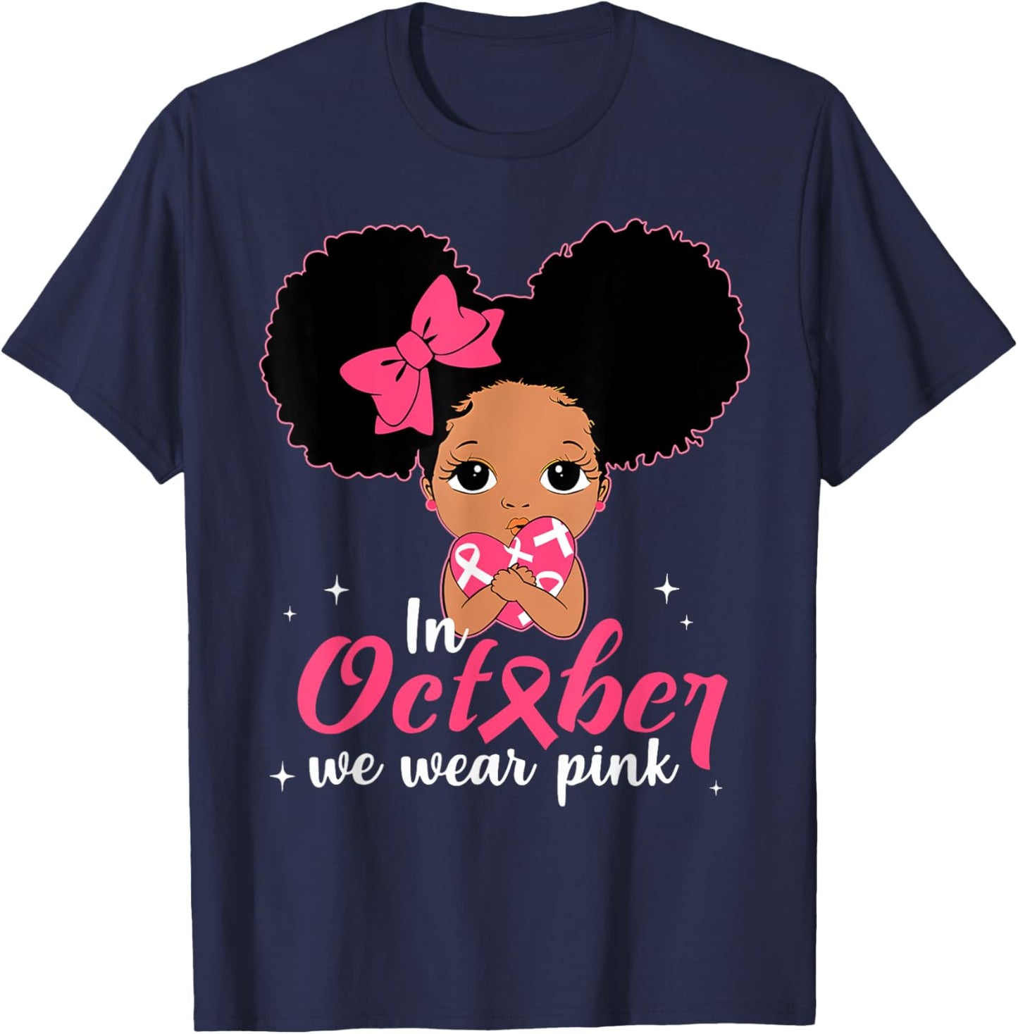 Messy Bun In October We Wear Pink Girls Toddlers Kids T-Shirt - T-Shirt | Navy