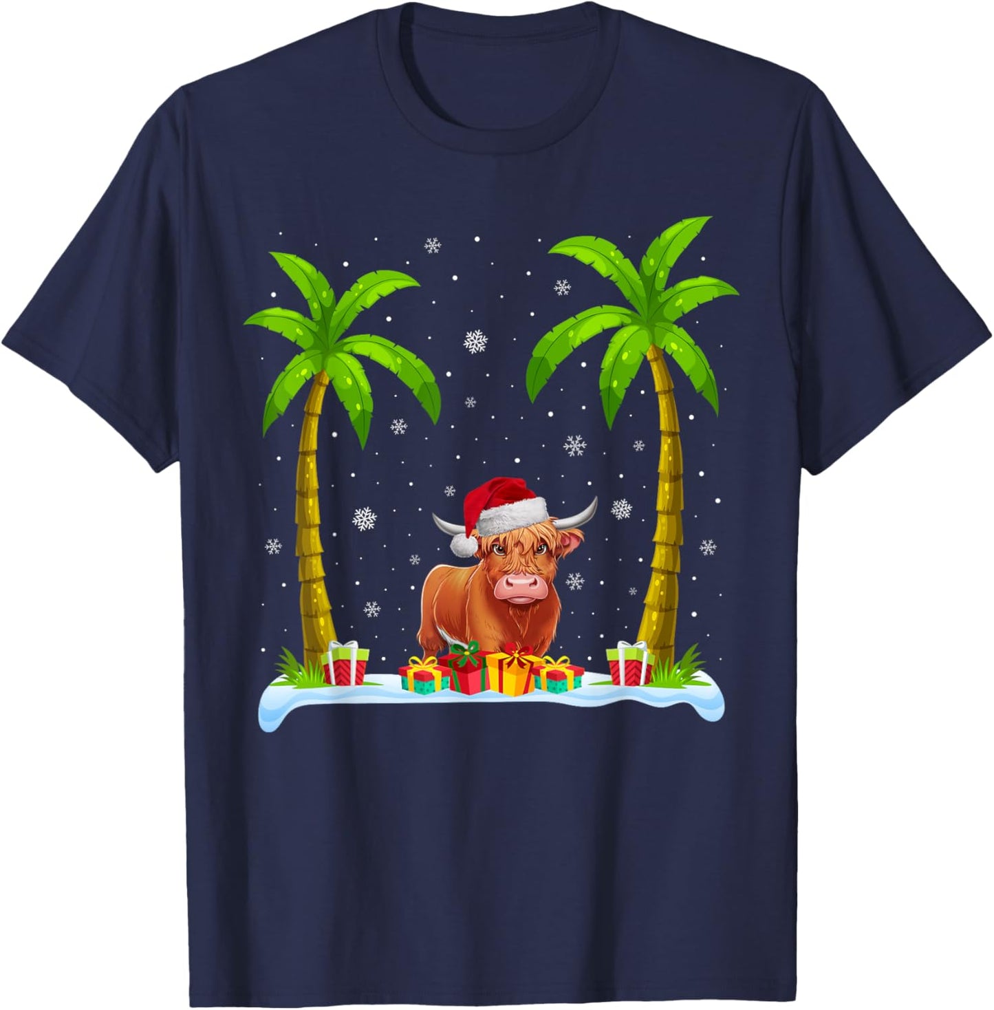 Highland Cow Santa Hat Palm Tree Beach Xmas Pajama T-Shirt - T-Shirt | Navy