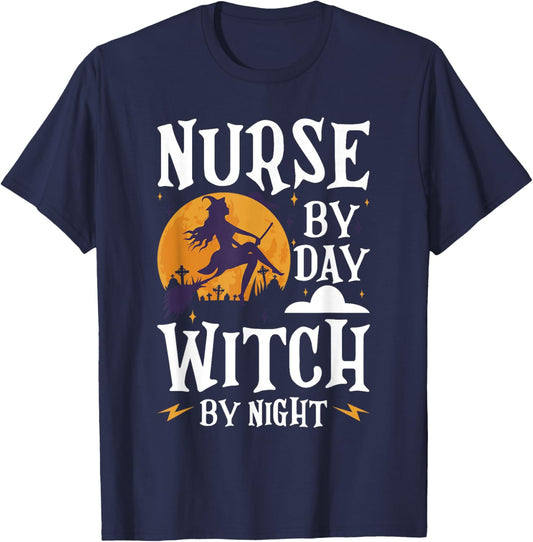 Nurse Witch Shirts Nurse By Day Witch By Night Halloween T-Shirt - T-Shirt | Navy