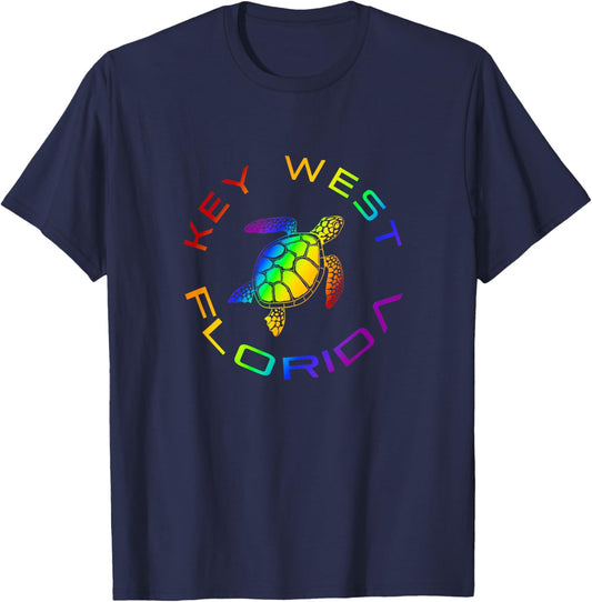Florida Key West Rainbow Sea Turtle Stylish Beach T-Shirt - T-Shirt | Navy