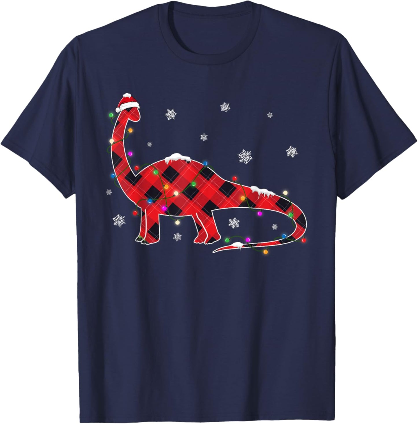 Red Buffalo Plaid T-rex Dinosaur Christmas Tree Lights T-Shirt - T-Shirt | Navy