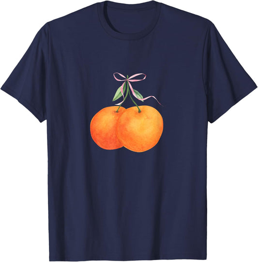 Vintage Orange fruit coquette bow Oranges Boho Y2K bows T-Shirt - T-Shirt | Navy