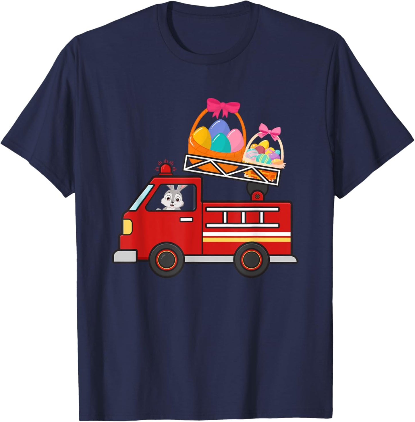 Bunny Riding Firetruck Easter Day Firefighter Happy Easter T-Shirt - T-Shirt | Navy