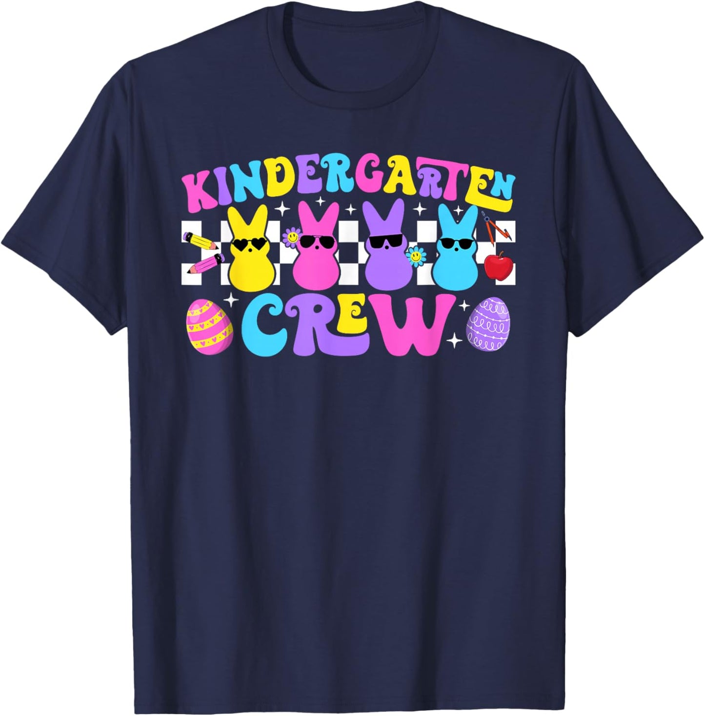 Kindergarten Crew Retro Bunny Teacher Easter Day Rabbit T-Shirt - T-Shirt | Navy