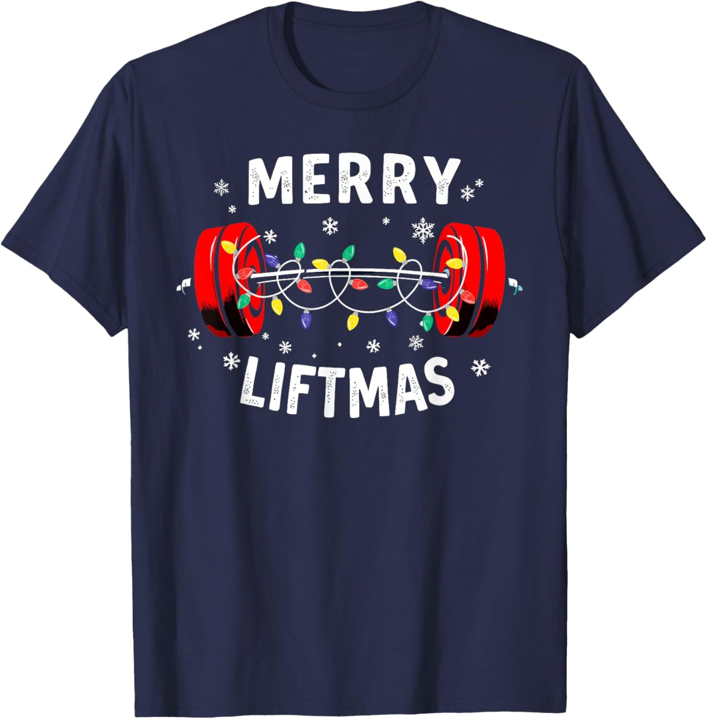 Merry Liftmas Barbell Christmas Tree Lights Weightlifting T-Shirt - T-Shirt | Navy