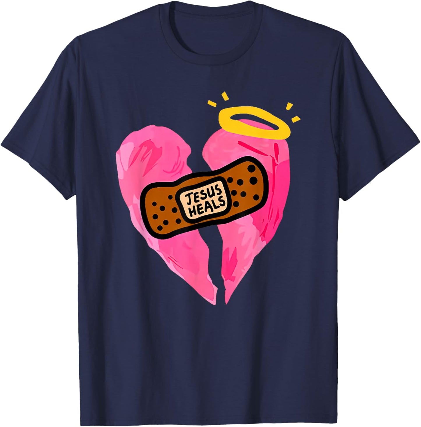 Jesus Heals Broken Heart Print Bandages Bandaids T-Shirt - T-Shirt | Navy