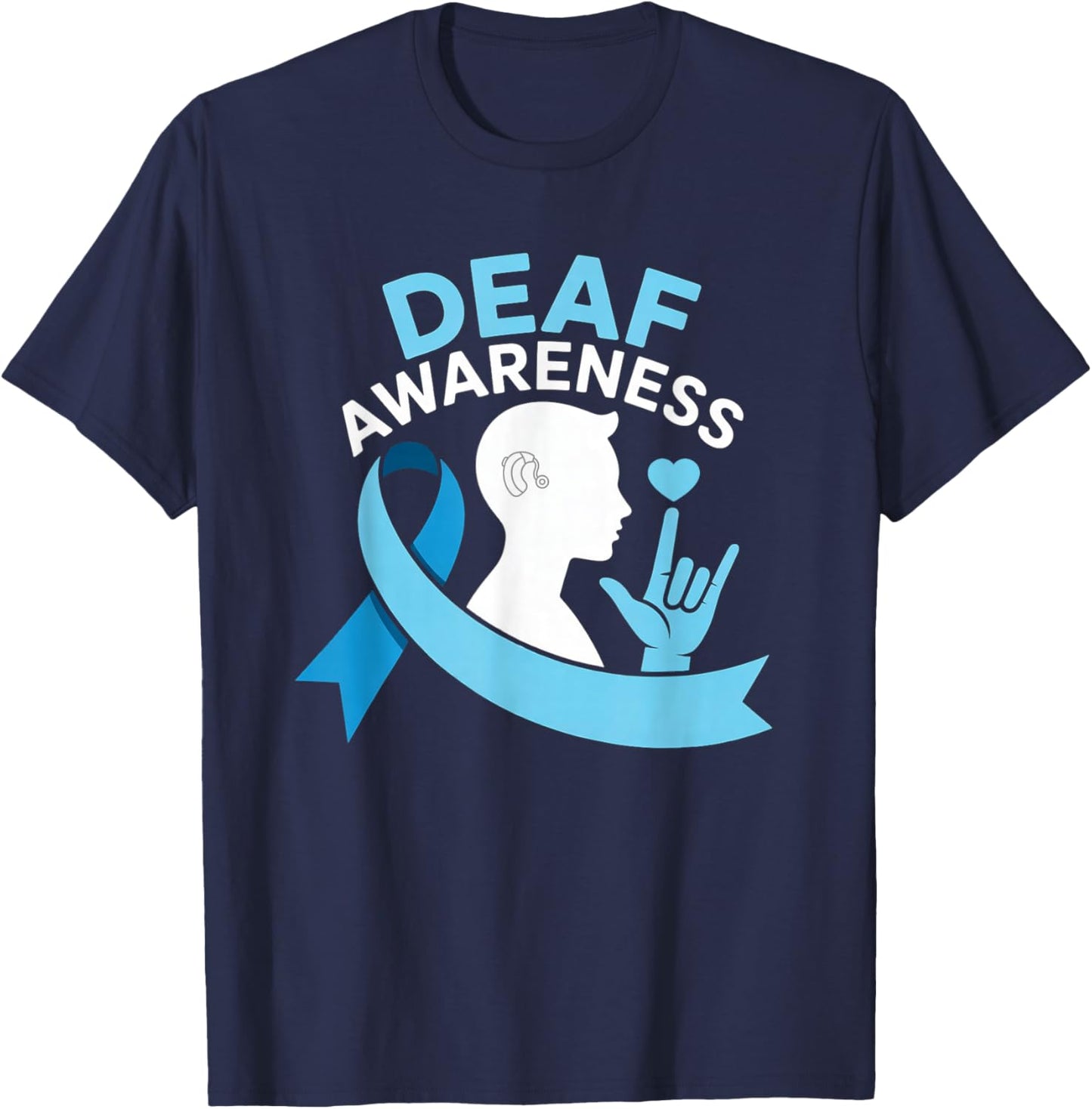 Deaf Awareness Month Blue Ribbon ASL Cochlear Implant ILY T-Shirt - T-Shirt | Navy