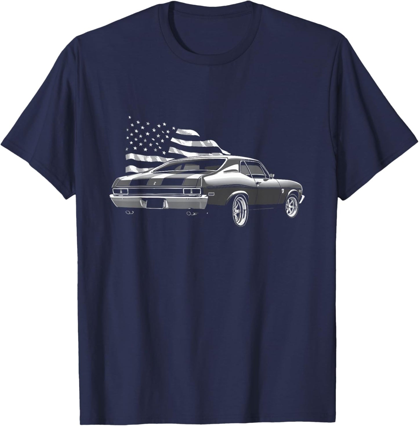 1972 72 Nova USA Flag Rear View Muscle Car Classic Nova SS T-Shirt - T-Shirt | Navy