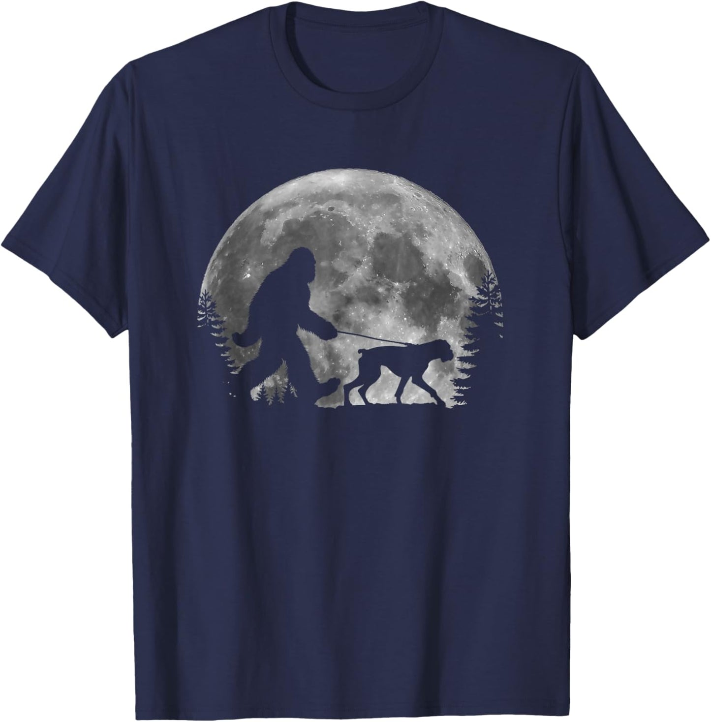 Bigfoot Walking a Dog Funny Boxer Lovers Moon Halloween T-Shirt - T-Shirt | Navy