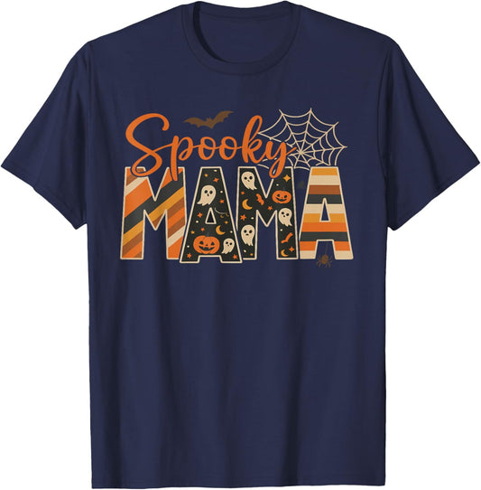 Spooky Mama Funny Mom Halloween Ghost Witch Bat T-Shirt - T-Shirt | Navy