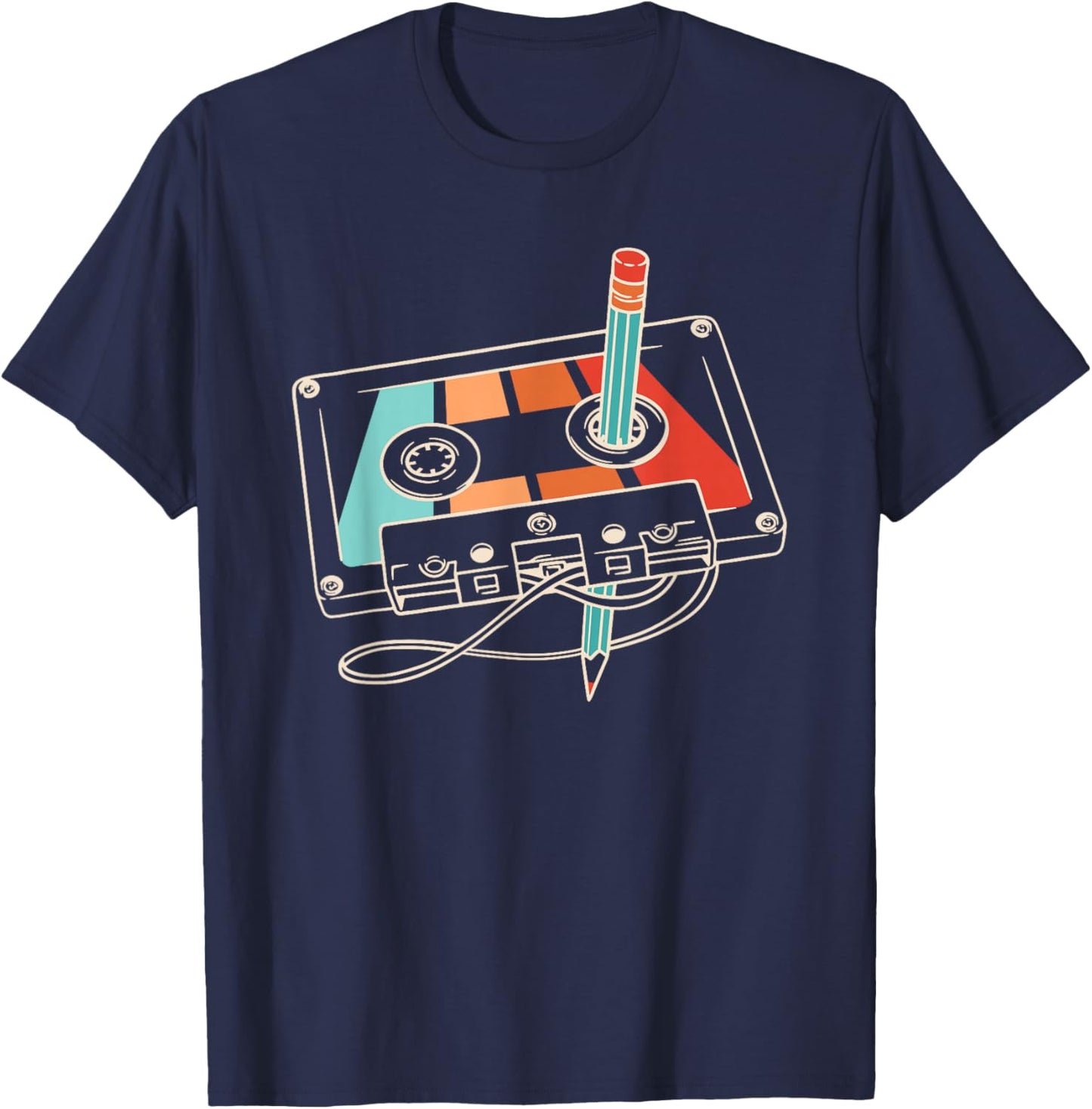80s 90s Cassette Pencil Theme Party Outfit Men Women Kids T-Shirt - T-Shirt | Navy