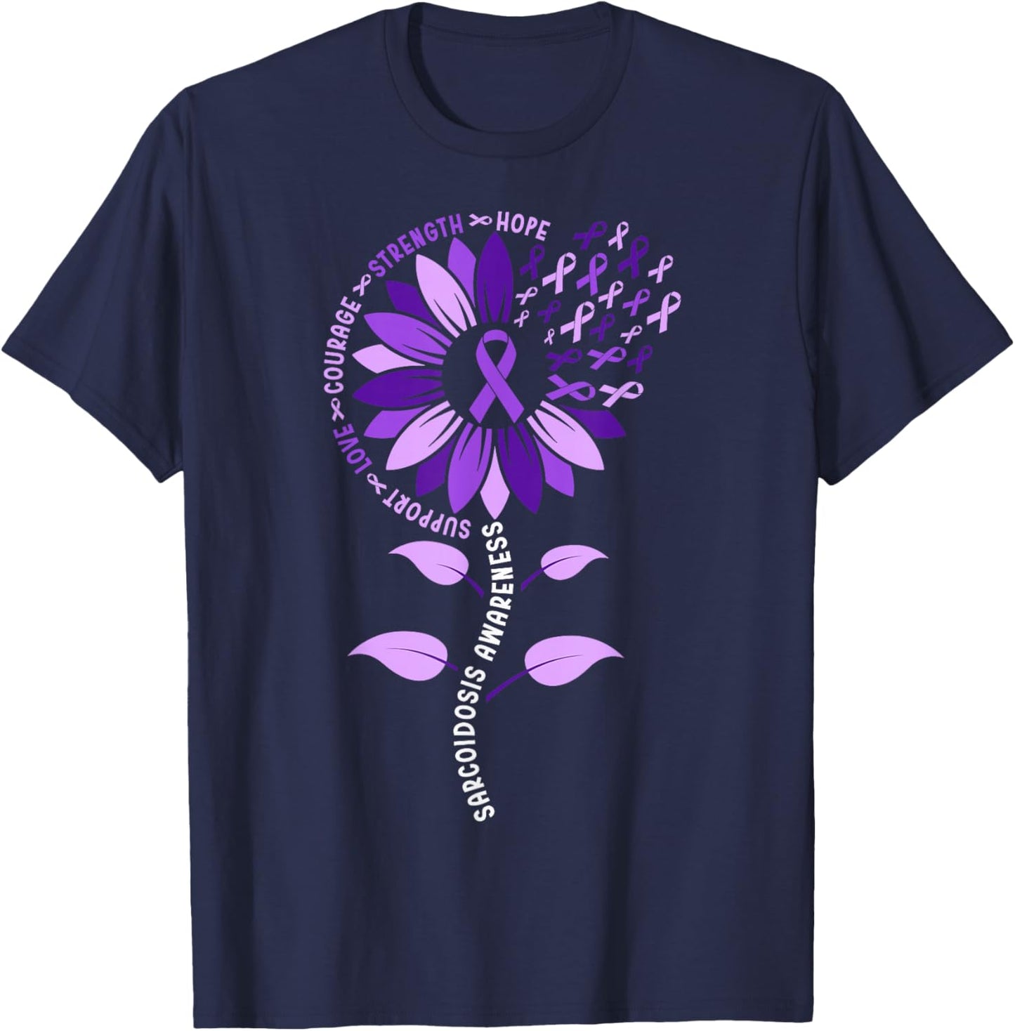 Sunflower Purple Ribbon Sarcoidosis Awareness Month T-Shirt - T-Shirt | Navy