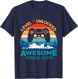 Kids Level 7 Unlocked 7th Birthday Boy Game Turning 7 Year Old T-Shirt - T-Shirt | Navy