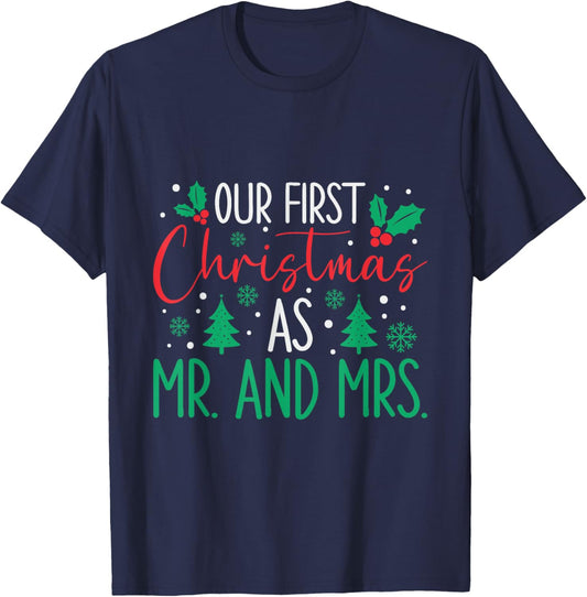 Cute Our First Christmas As Mr & Mrs 2025 Couples Pajamas T-Shirt - T-Shirt | Navy