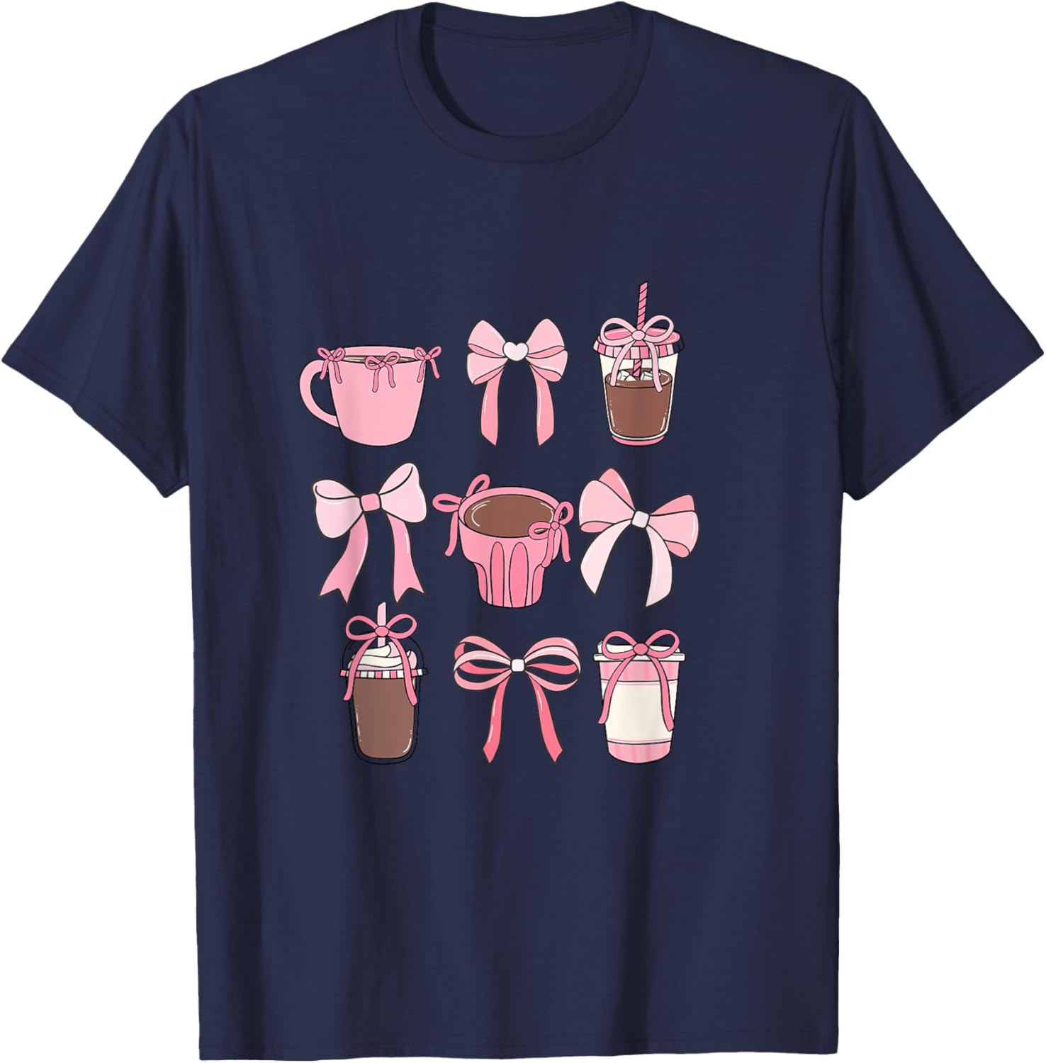 Cute Hot Iced Coffee and PInk Bows Girly Aesthetic T-Shirt - T-Shirt | Navy