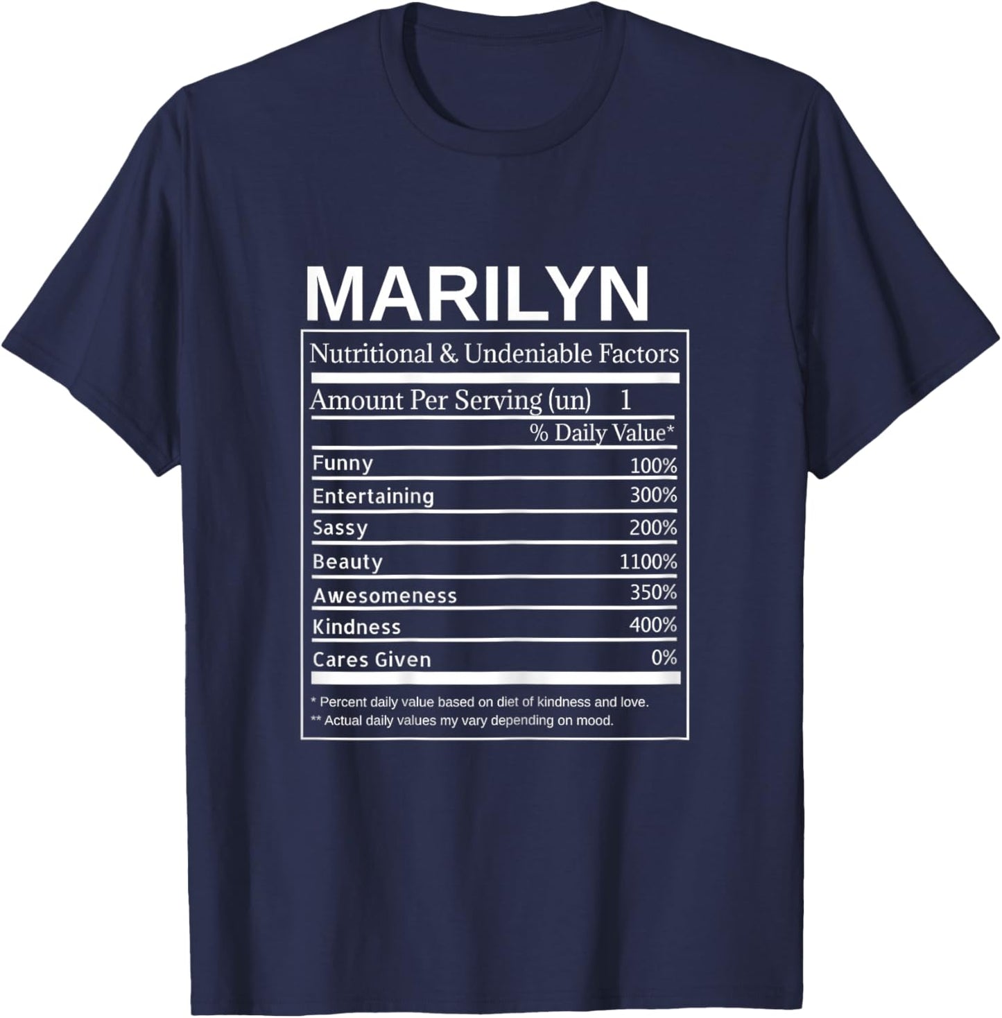 Marilyn Nutrition Facts Funny Sarcastic Personalized Name T-Shirt - T-Shirt | Navy