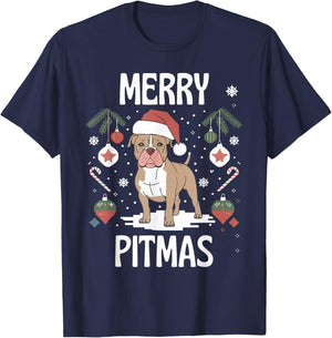 Merry Pitmas Funny Matching Christmas Pajamas Pitbull Dog T-Shirt - T-Shirt | Navy