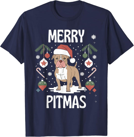 Merry Pitmas Funny Matching Christmas Pajamas Pitbull Dog T-Shirt - T-Shirt | Navy