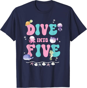 Dive Into 5 Birthday Decorations Girl Retro Sea Animals T-Shirt - T-Shirt | Navy