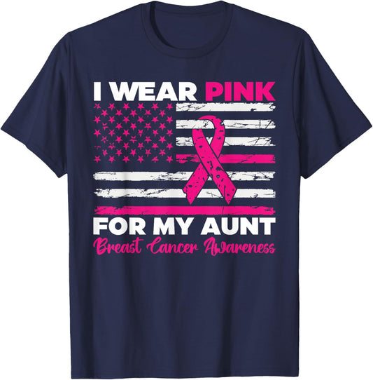 I Wear Pink For My Aunt Breast Cancer Awareness Us Flag T-Shirt - T-Shirt | Navy